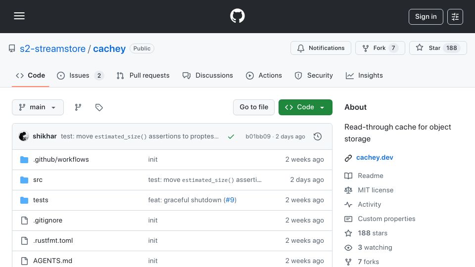 Screenshot of github.com: High-performance read-through cache for object storage