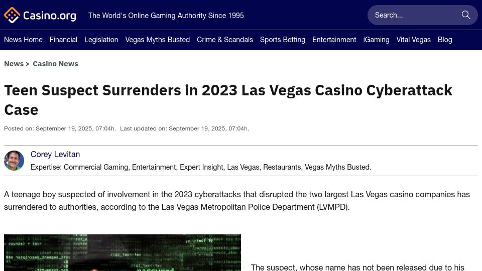 Screenshot of casino.org: Teen suspect surrenders in 2023 Las Vegas casino cyberattack case