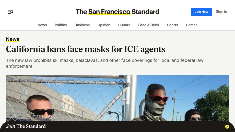 Screenshot of sfstandard.com: California bans face masks for ICE agents