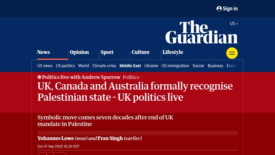 Screenshot of theguardian.com: UK, Candada and Australia formally recognize Palestinian state
