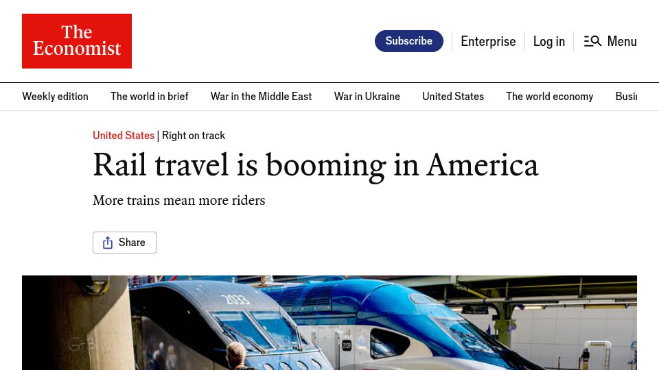 Screenshot of economist.com: Rail travel is booming in America