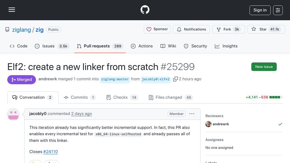 Screenshot of github.com: Zig got a new ELF linker and it's fast