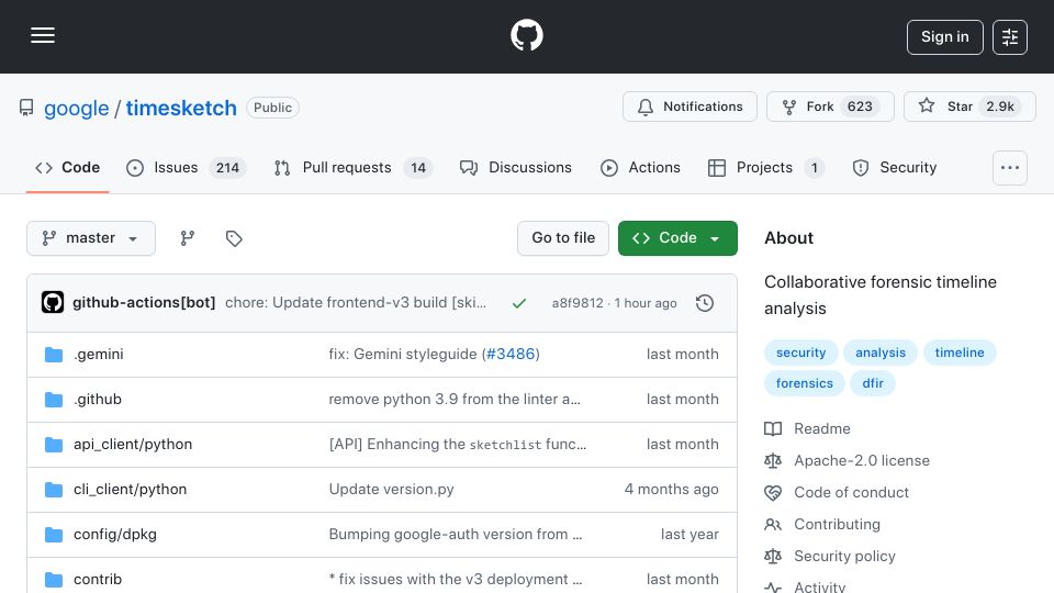 Screenshot of github.com: Timesketch: Collaborative forensic timeline analysis