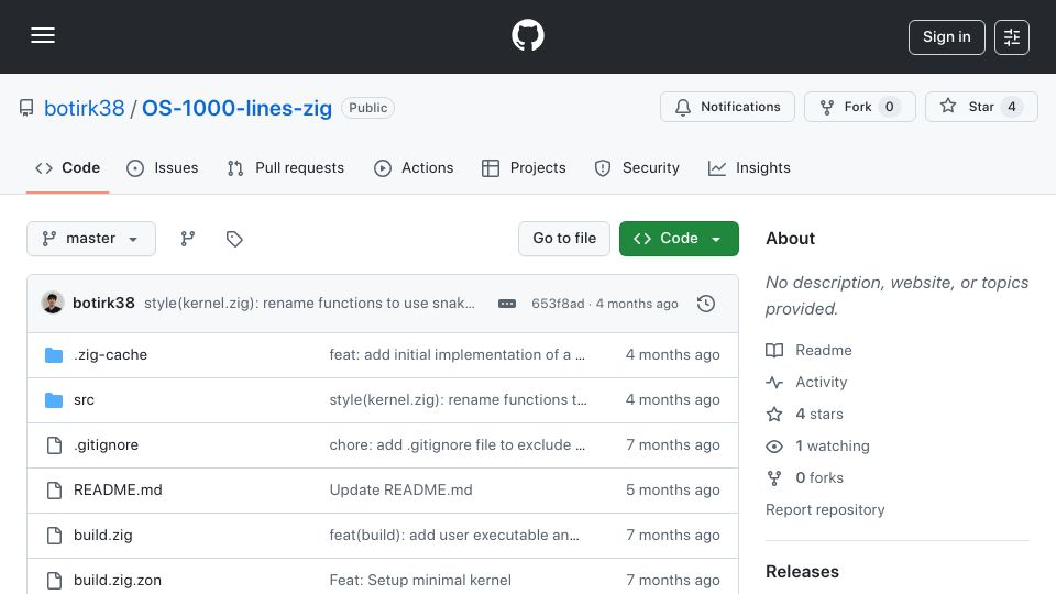 Screenshot of github.com: Show HN: I wrote an OS in 1000 lines of Zig