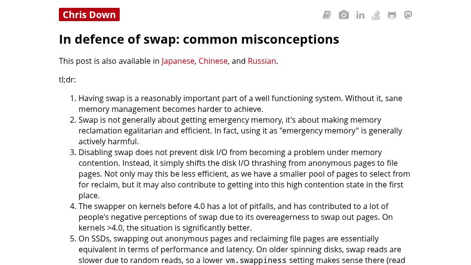 Screenshot of chrisdown.name: In defence of swap: common misconceptions (2018)