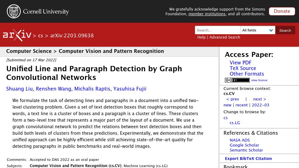 Screenshot of arxiv.org: Lightweight, highly accurate line and paragraph detection