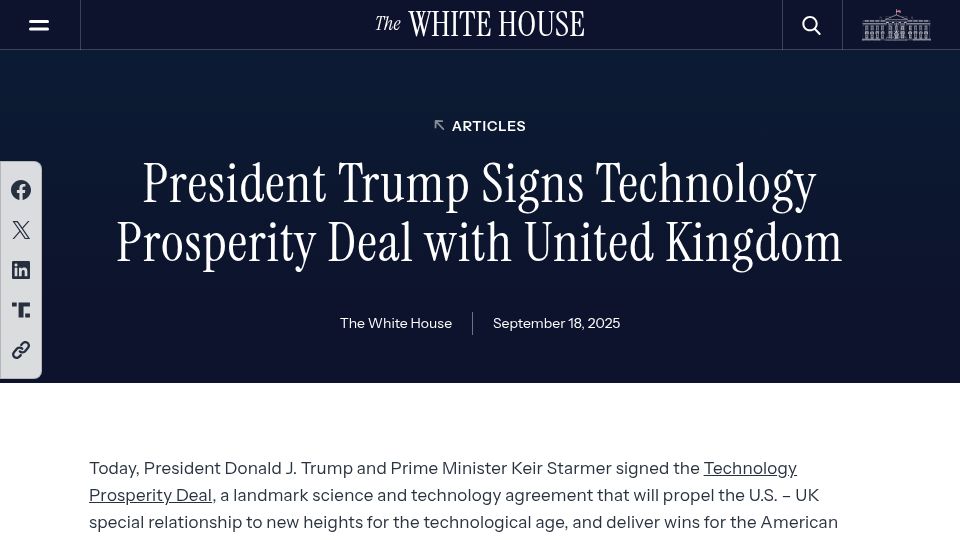Screenshot of whitehouse.gov: President Trump Signs Technology Prosperity Deal with United Kingdom