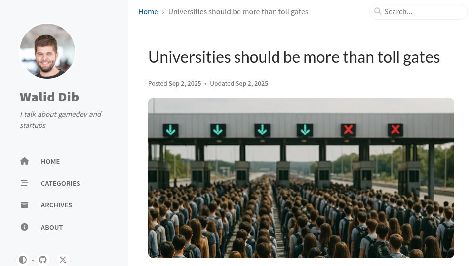 Screenshot of waliddib.com: Universities should be more than toll gates