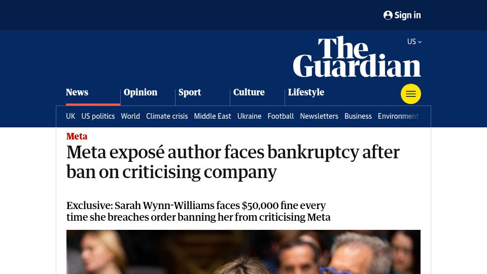 Screenshot of theguardian.com: Meta exposé author faces bankruptcy after ban on criticising company