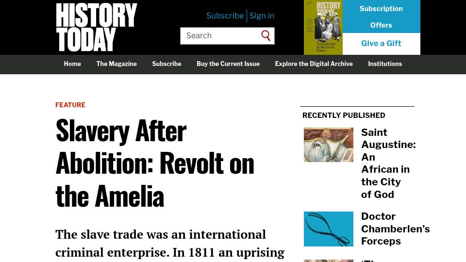 Screenshot of historytoday.com: Slavery After Abolition: Revolt on the Amelia