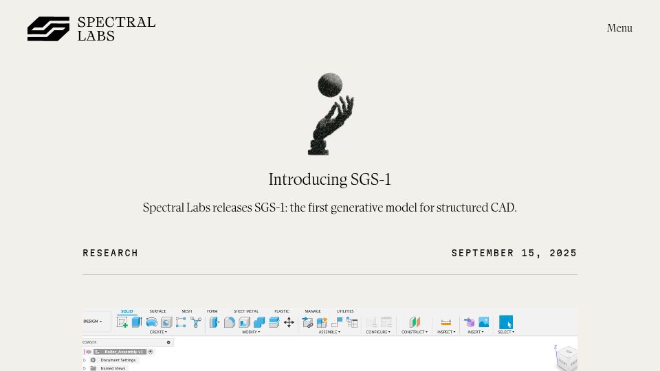 Screenshot of spectrallabs.ai: Spectral Labs releases SGS-1: the first generative model for structured CAD