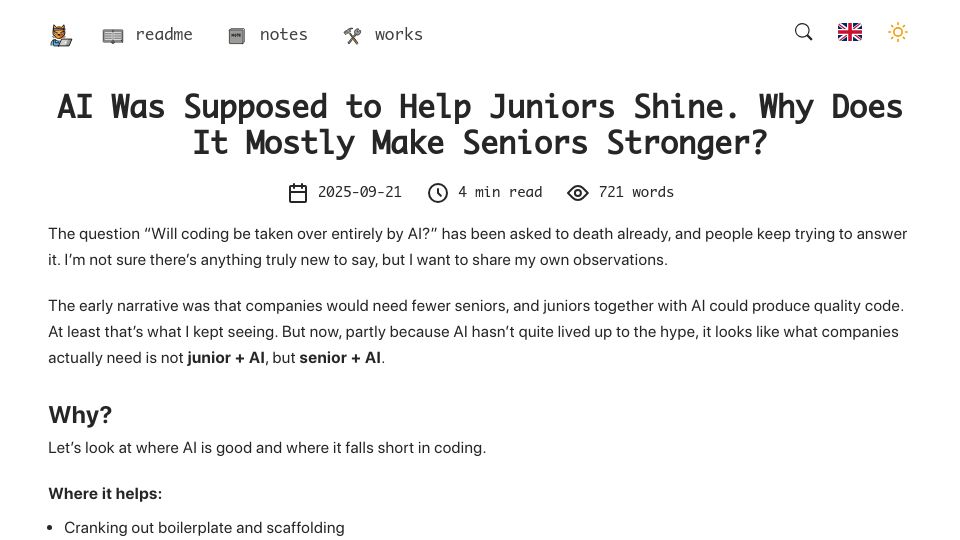 Screenshot of elma.dev: AI was supposed to help juniors shine. Why does it mostly make seniors stronger?