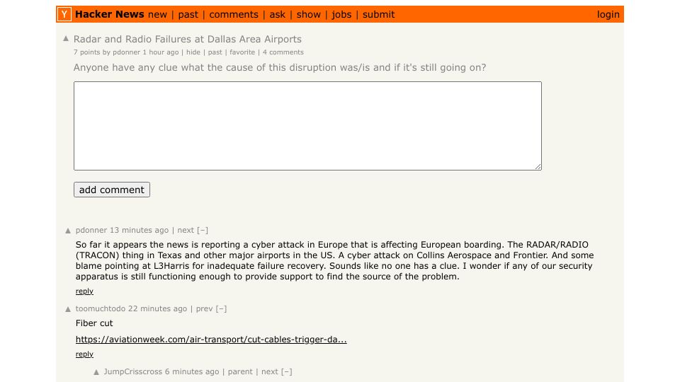 Screenshot of Hacker News post: Ask HN: Radar and radio failures at Dallas area airports