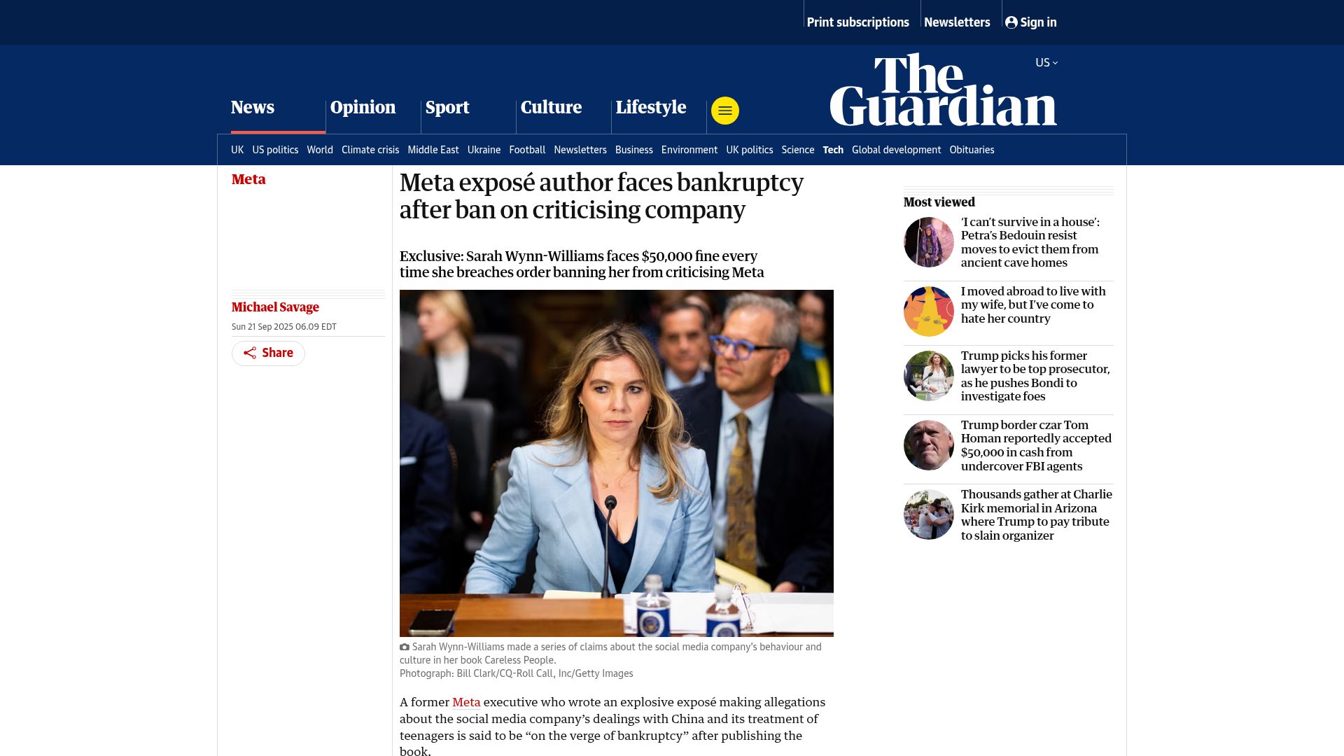 Screenshot of theguardian.com: Meta exposé author faces bankruptcy after ban on criticising company