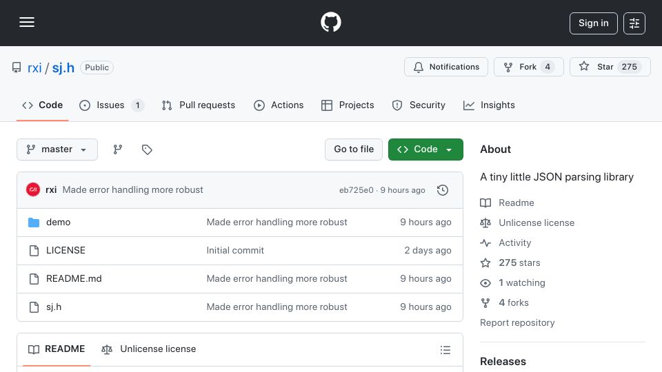 Screenshot of github.com: Sj.h: A tiny little JSON parsing library in ~150 lines of C99