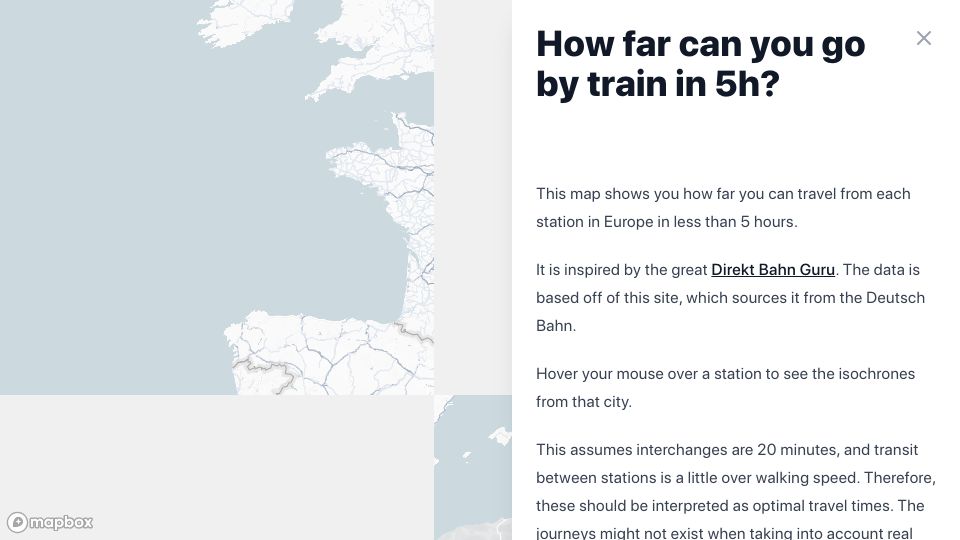 Screenshot of old.chronotrains.com: How far can you go by train in 5 hours? (interactive map)