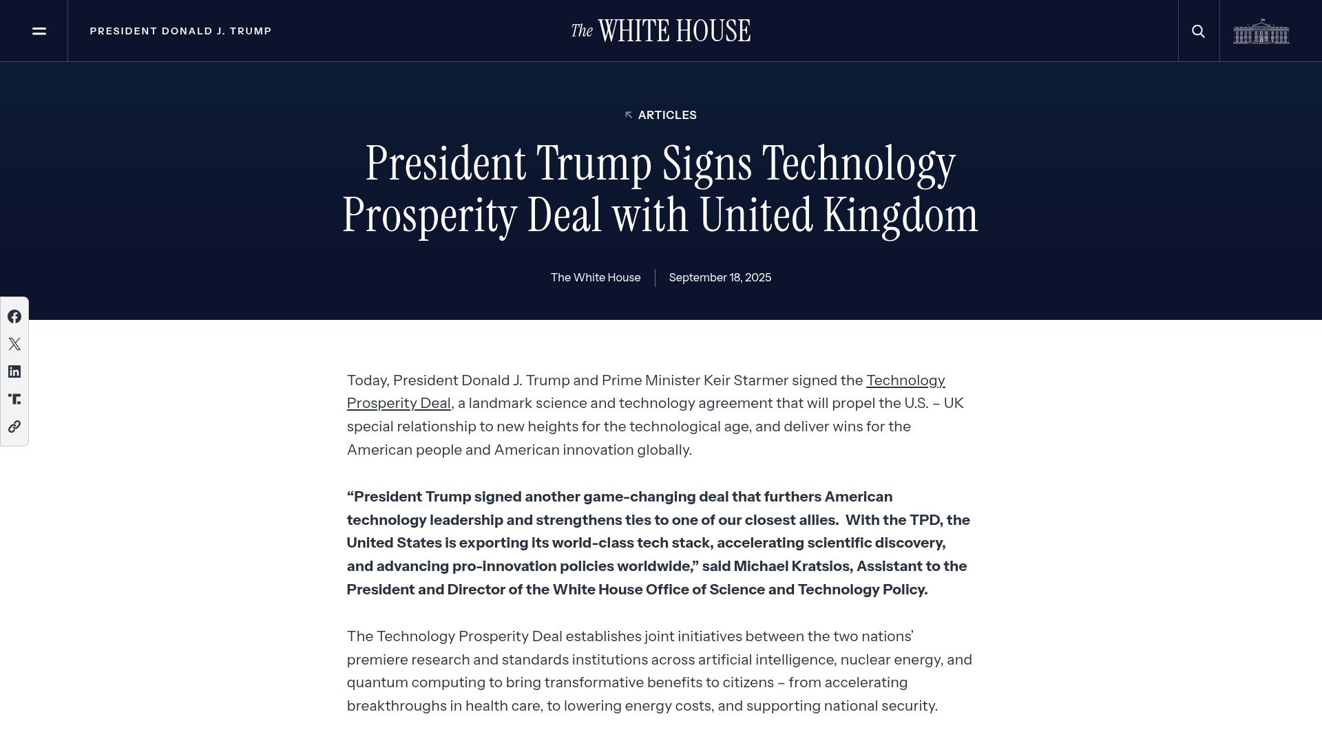 Screenshot of whitehouse.gov: President Trump Signs Technology Prosperity Deal with United Kingdom