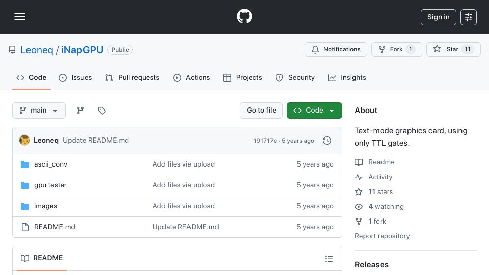 Screenshot of github.com: INapGPU: Text-mode graphics card, using only TTL gates