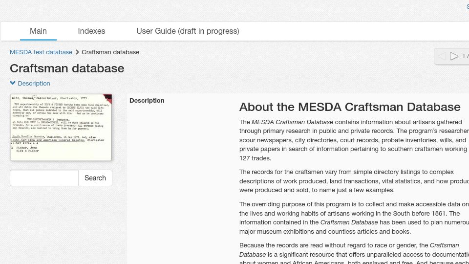 Screenshot of test0.dlibrary.org: Mesda Craftsman Database