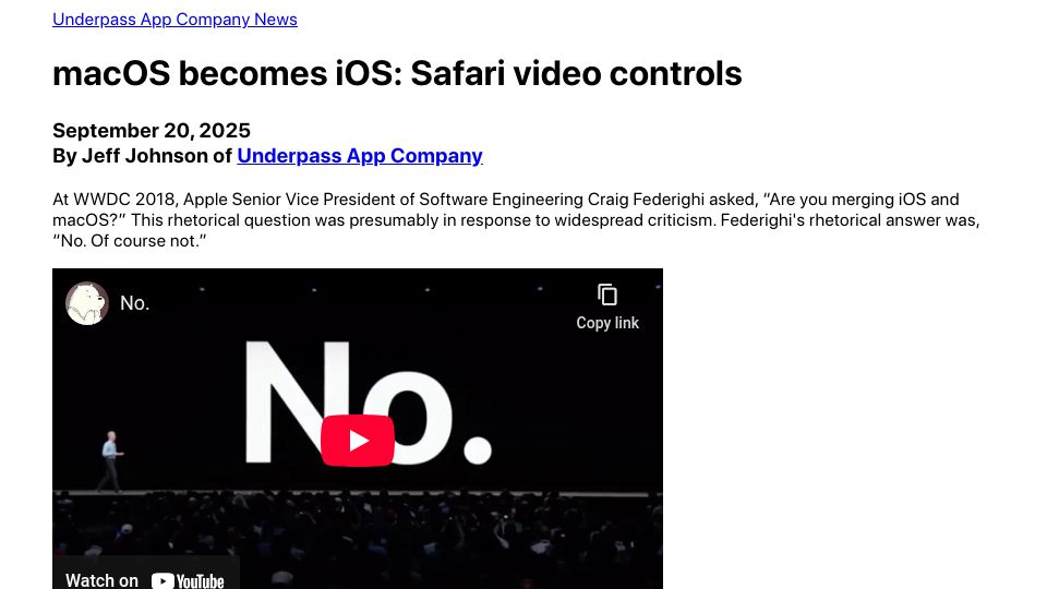 Screenshot of underpassapp.com: macOS becomes iOS: Safari video controls