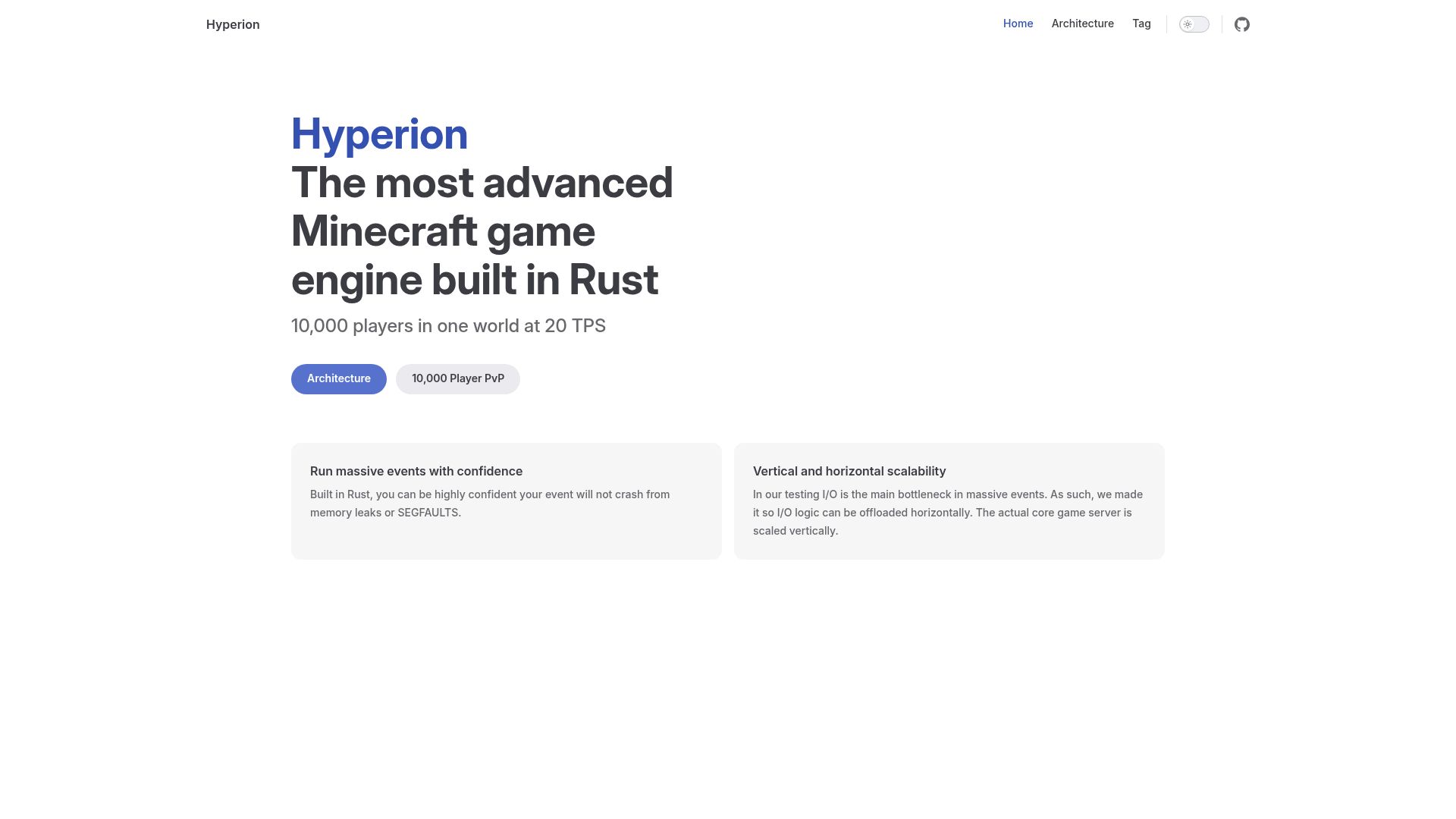 Screenshot of hyperion.rs: Hyperion: Minecraft game engine for custom events