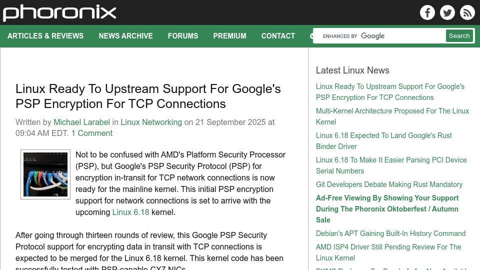 Screenshot of phoronix.com: Linux Ready to Upstream Support for Google's PSP Encryption for TCP Connections