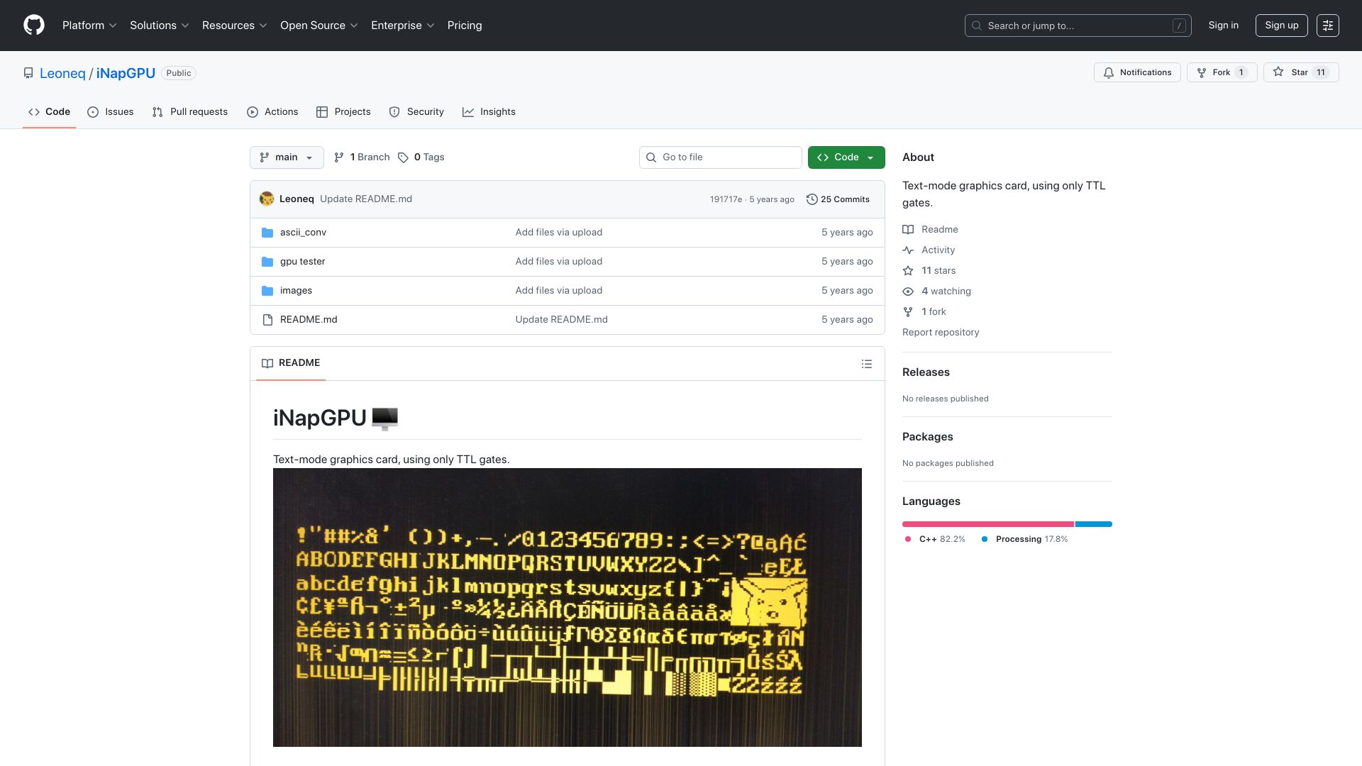 Screenshot of github.com: INapGPU: Text-mode graphics card, using only TTL gates