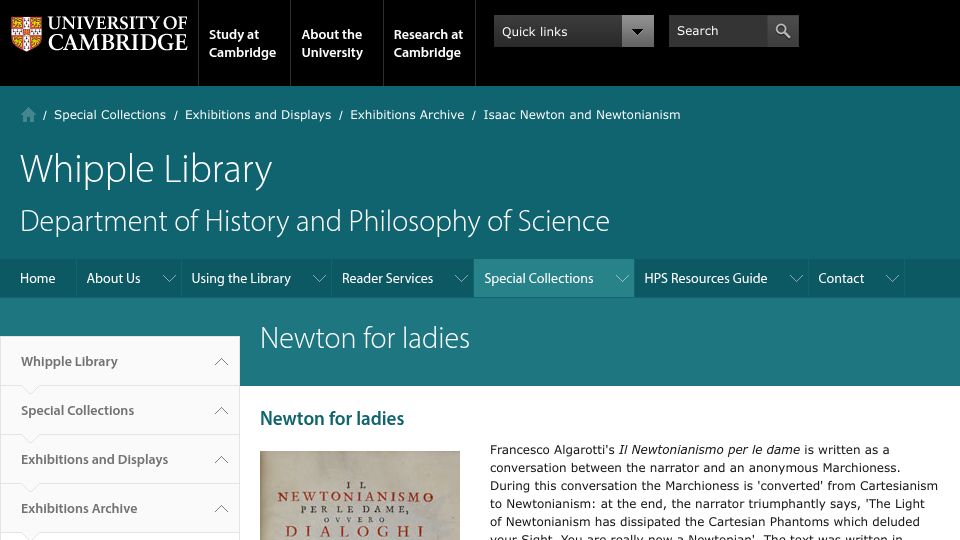 Screenshot of whipplelib.hps.cam.ac.uk: Newton for Ladies (1737) – Newtonianism vs. Cartesianism