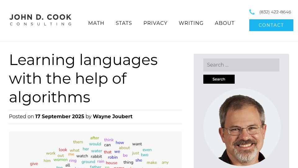 Screenshot of johndcook.com: Learning Languages with the Help of Algorithms