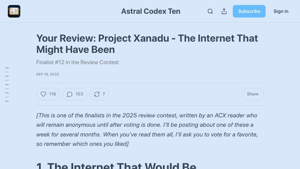 Screenshot of astralcodexten.com: Review: Project Xanadu – The Internet That Might Have Been