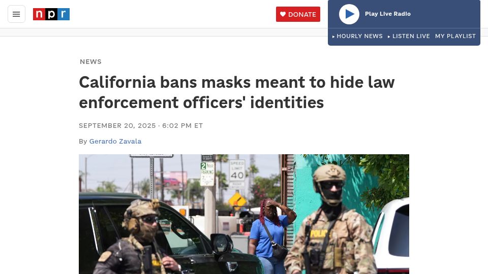 Screenshot of npr.org: California bans masks meant to hide law enforcement officers' identities