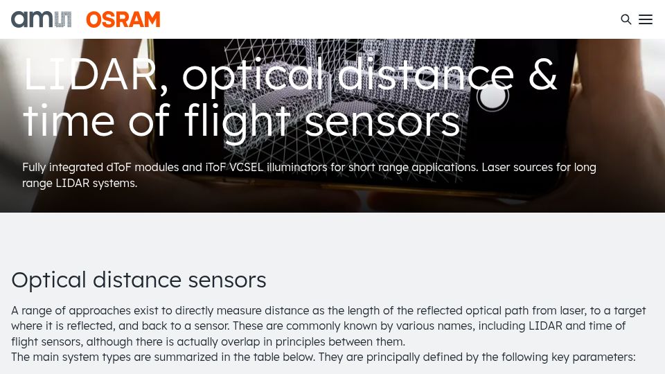 Screenshot of ams-osram.com: Lidar, optical distance and time of flight sensors