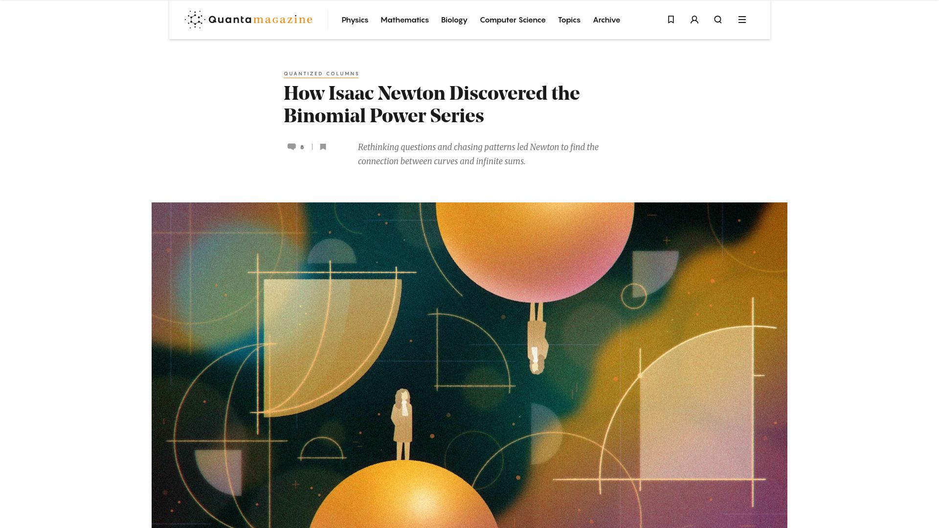 Screenshot of quantamagazine.org: How Isaac Newton discovered the binomial power series (2022)
