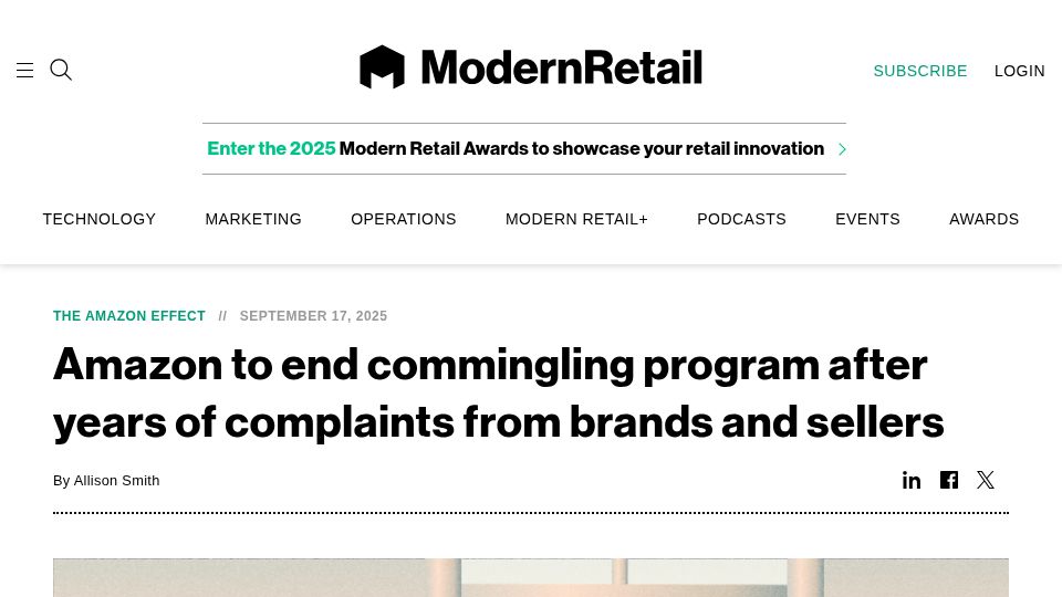 Screenshot of modernretail.co: Amazon to end commingling after years of complaints from brands and sellers