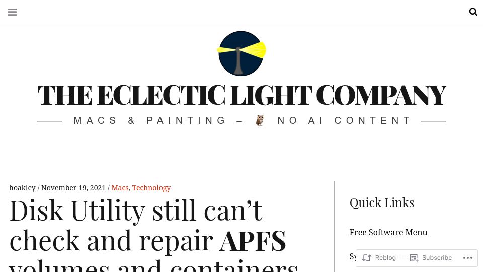 Screenshot of eclecticlight.co: Disk Utility still can't check and repair APFS volumes and containers (2021)