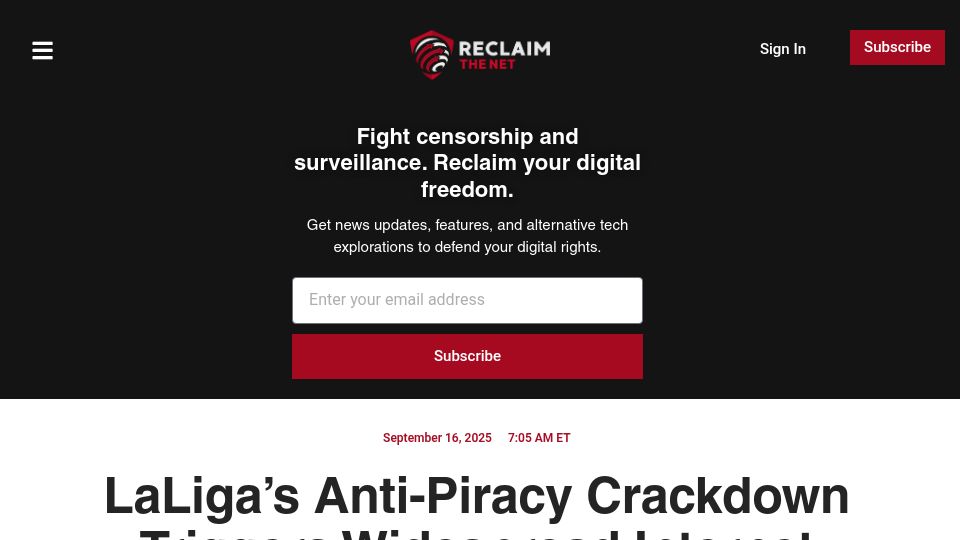 Screenshot of reclaimthenet.org: LaLiga's Anti-Piracy Crackdown Triggers Widespread Internet Disruptions in Spain