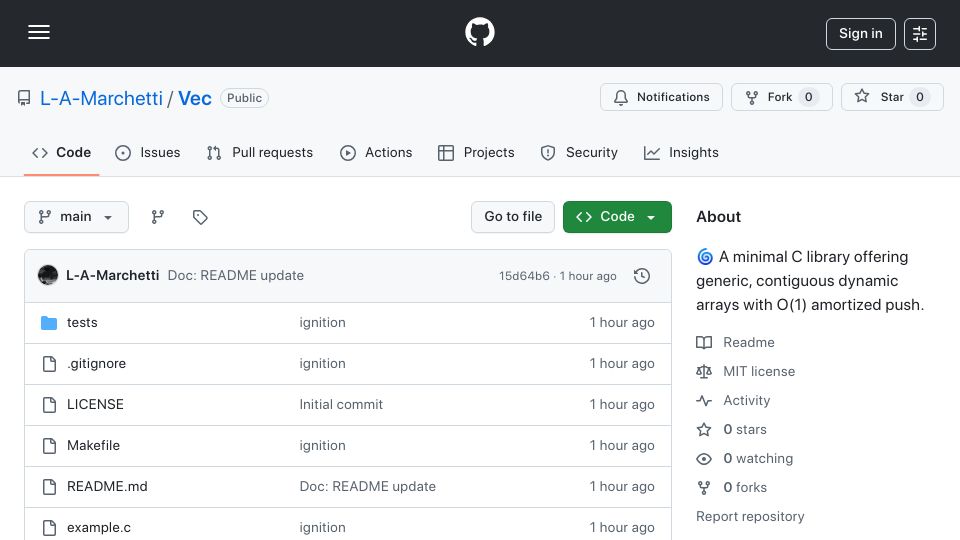 Screenshot of github.com: A C library offering generic, contiguous dynamic arrays with O(1) amortized push