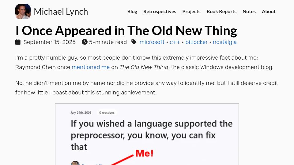 Screenshot of mtlynch.io: I Once Appeared in the Old New Thing