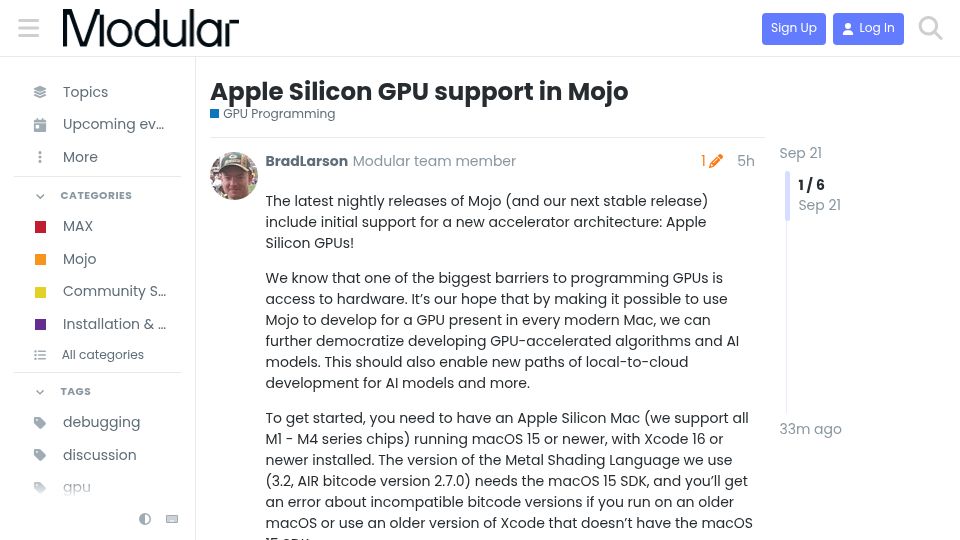Screenshot of forum.modular.com: Apple Silicon GPU Support in Mojo