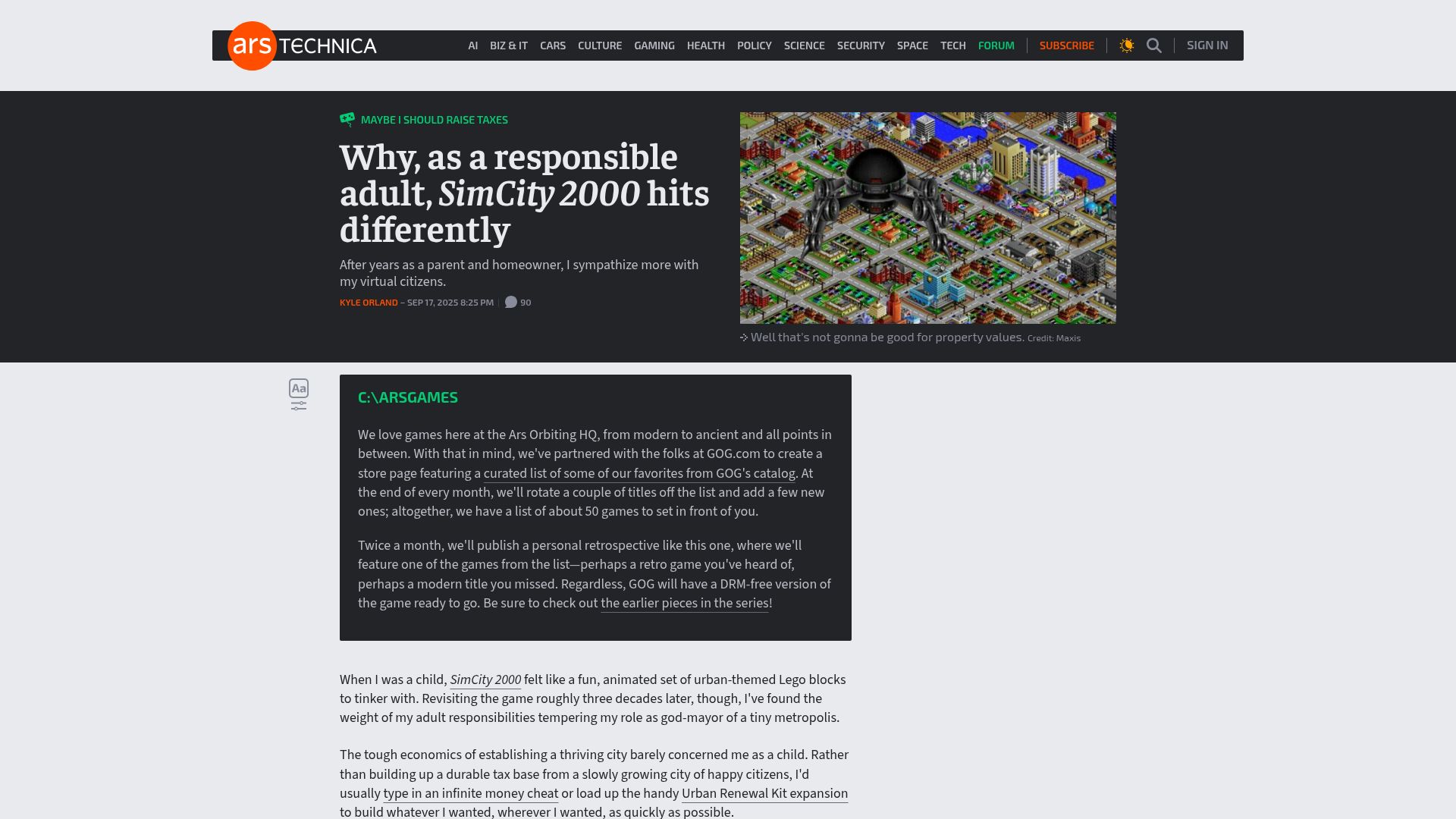 Screenshot of arstechnica.com: Why, as a responsible adult, SimCity 2000 hits differently