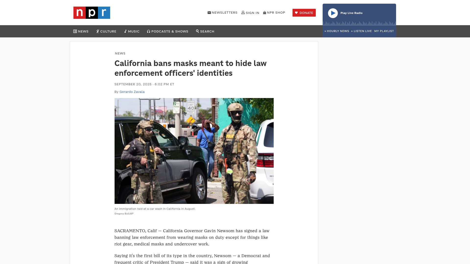Screenshot of npr.org: California bans masks meant to hide law enforcement officers' identities