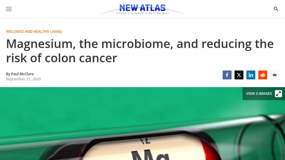 Screenshot of newatlas.com: Magnesium, the microbiome, and reducing the risk of colon cancer