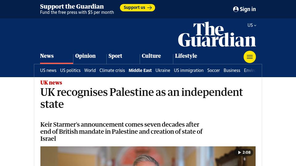 Screenshot of theguardian.com: UK recognises Palestine as an independent state