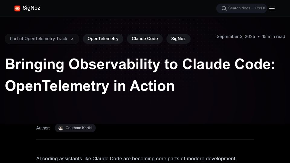 Screenshot of signoz.io: Bringing Observability to Claude Code: OpenTelemetry in Action