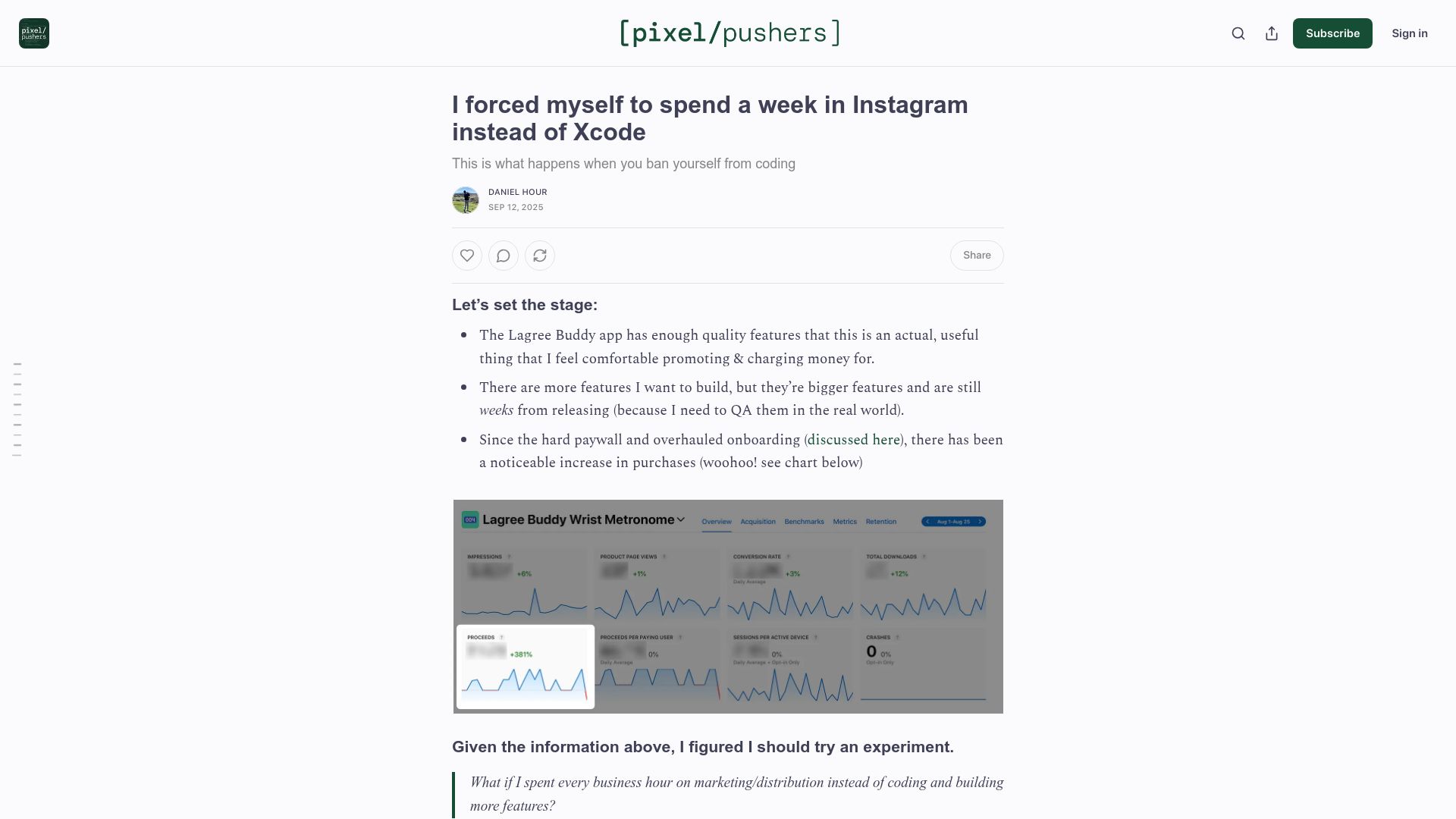 Screenshot of pixelpusher.club: I forced myself to spend a week in Instagram instead of Xcode