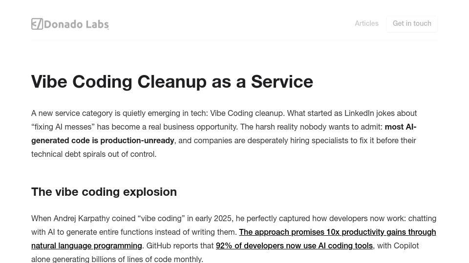 Screenshot of donado.co: Vibe coding cleanup as a service