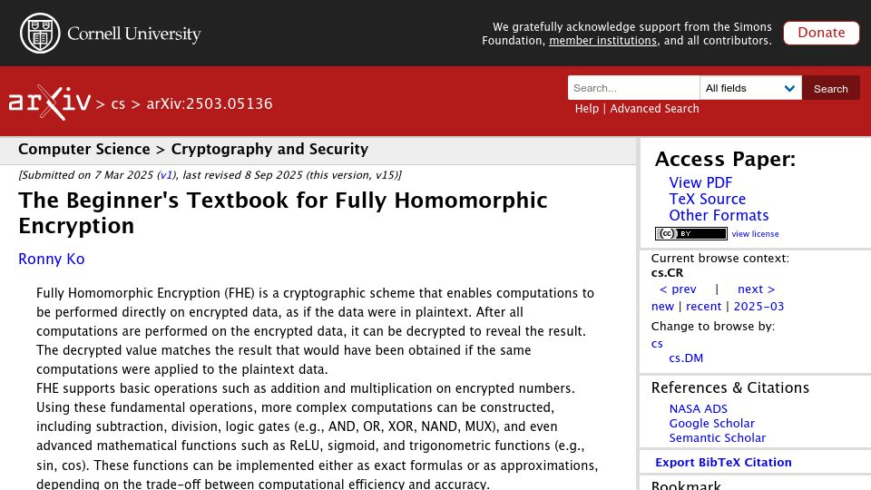 Screenshot of arxiv.org: The Beginner's Textbook for Fully Homomorphic Encryption