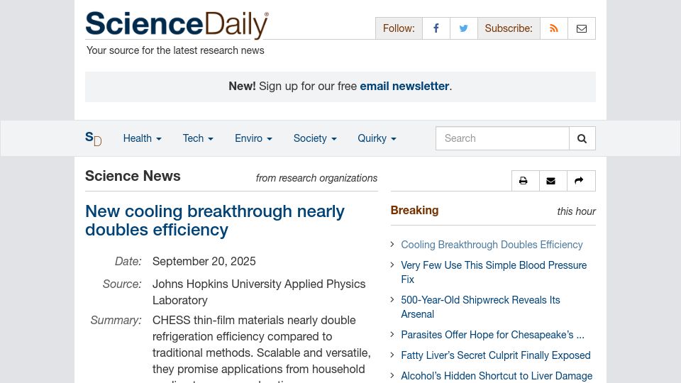 Screenshot of sciencedaily.com: New thermoelectric cooling breakthrough nearly doubles efficiency