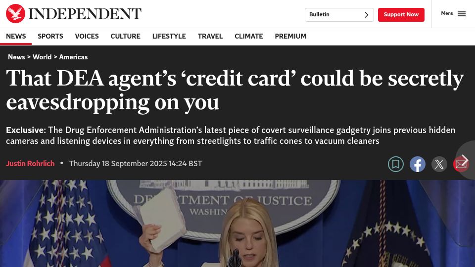 Screenshot of independent.co.uk: That DEA agent's 'credit card' could be eavesdropping on you