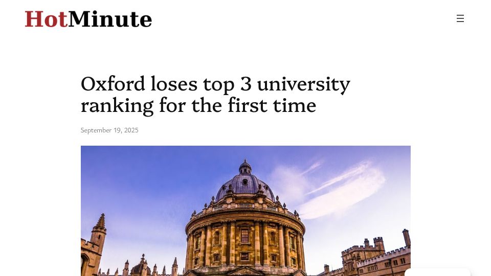 Screenshot of hotminute.co.uk: Oxford loses top 3 university ranking in the UK
